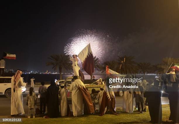 Qatari people celebrate Asian Cup championship as Qatari national team is welcomed upon their arrival to country after they beat Japan 3-1 in 2019...