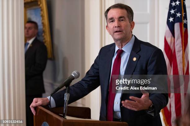 Virginia Governor Ralph Northam speaks with reporters at a press conference at the Governor's mansion on February 2, 2019 in Richmond, Virginia....