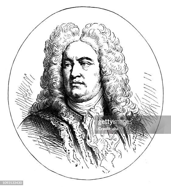 ilustraciones, imágenes clip art, dibujos animados e iconos de stock de retrato de georg friedrich händel, compositor alemán-británicos, 1685-1759 - georg friedrich haendel