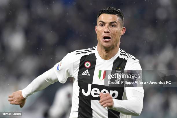 Cristiano Ronaldo of Juventus celebrates after scoring the third goal of his team during the Serie A match between Juventus and Parma Calcio at...