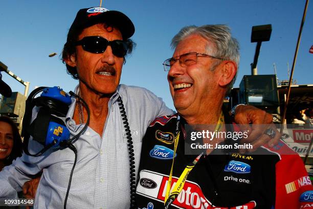 Hall of fame driver and team owner Richard Petty celebrates with NASCAR legend Leonard Wood in Victory Lane after Trevor Bayne, driver of the...