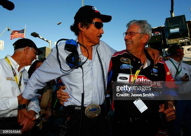 Hall of fame driver and team owner Richard Petty celebrates with NASCAR legend Leonard Wood in Victory Lane after Trevor Bayne, driver of the...