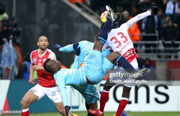 Mario Balotelli of Marseille during the french Ligue 1 match between Stade de Reims and Olympique de Marseille at Stade Auguste Delaune on February...