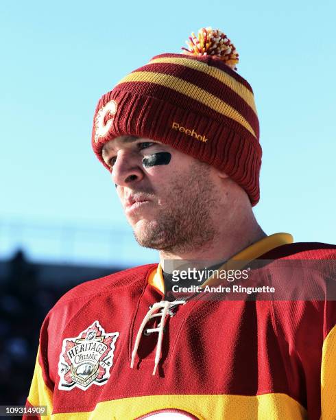 Alex Tanguay of the Calgary Flames faces the elements during warmups prior to the 2011 NHL Heritage Classic Game at McMahon Stadium on February 20,...
