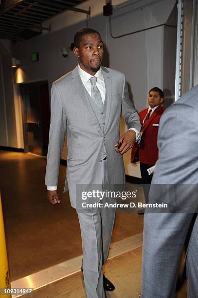 Kevin Durant of the Western Conference All-Stars arrives before taking on the Eastern Conference All-Stars in the 2011 NBA All-Star Game at Staples...