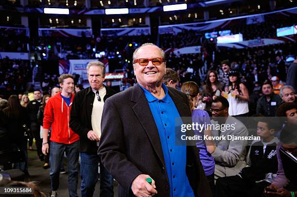 Benjamin Beatty, actors Warren Beatty, and actor Jack Nicholson walk courtside during the 2011 NBA All-Star game at Staples Center on February 20,...