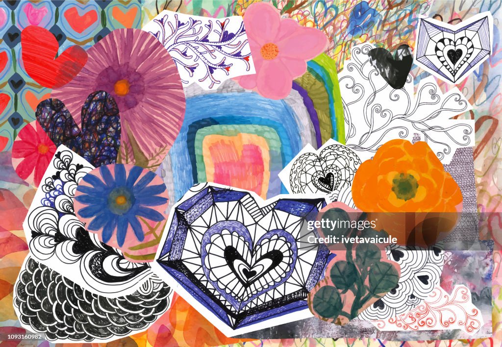 Collage de flores y corazones