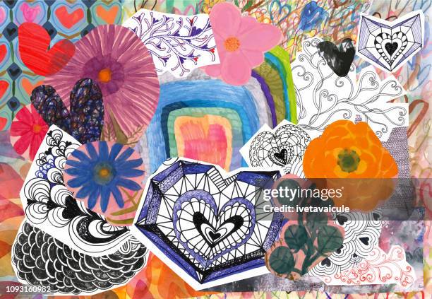 illustrations, cliparts, dessins animés et icônes de collage de fleurs et coeurs - fond coloré