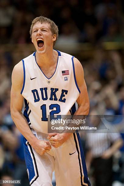 An emotional Kyle Singler of the Duke Blue Devils celebrates a basket while playing against the Georgia Tech Yellow Jackets during the first half on...