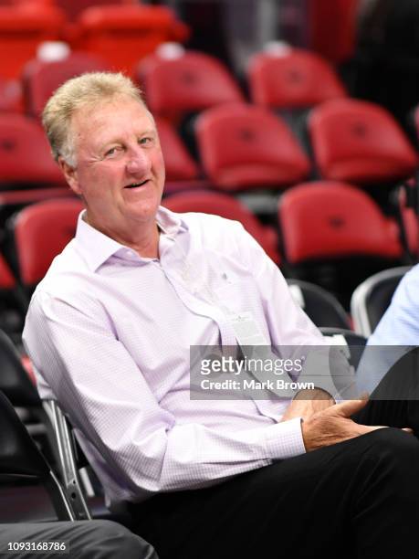 Indiana Pacers advisor Larry Bird watches warm ups before the game between the Miami Heat and the Indiana Pacers at American Airlines Arena on...