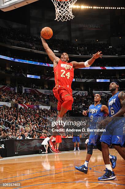 Kobe Bryant of the Western Conference All-Stars rises for a shot against the Eastern Conference All-Stars in the 2011 NBA All-Star Game at Staples...