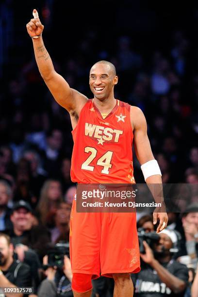 Kobe Bryant of the Los Angeles Lakers and the Western Conference reacts in the second half of the 2011 NBA All-Star Game at Staples Center on...