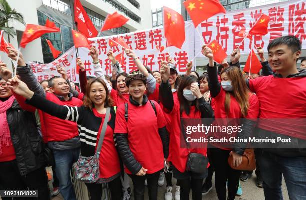 Members of Pro-Beijing groups celebrate after Carrie Lam Cheng Yuet-ngor won Chief Executive Election in Wan Chai . 26MAR17 SCMP / Edward Wong