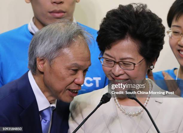 Carrie Lam Cheng Yuet-ngor accompanied by her husband Lam Siu-por to meet media after she won the Chief Executive election in Hong Kong Convention...