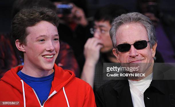 Warren Beatty and his son Benjamin attend the NBA All-Star Game February 20 part of NBA All-Star Weekend at Staples Center in Los Angeles,...