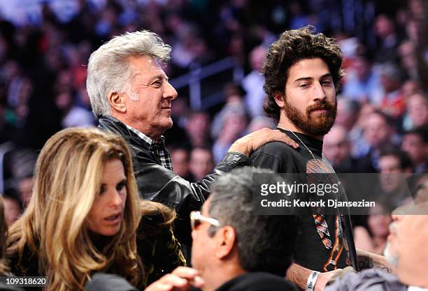 Actors Dustin Hoffman and his son Jake Hoffman during the 2011 NBA All-Star game at Staples Center on February 20, 2011 in Los Angeles, California....