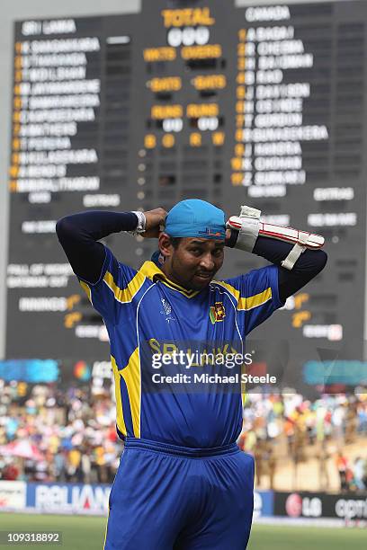 Tillakaratne Dilshan of Sri Lanka prepares to open the batting during the Sri Lanka v Canada 2011 ICC World Cup Group A match at the Mahinda...