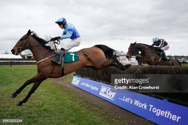 James Davies riding Generous Day clear the last to win The racingtv.com Edward Courage Cup Handicap Chase at Warwick Racecourse on January 12, 2019...