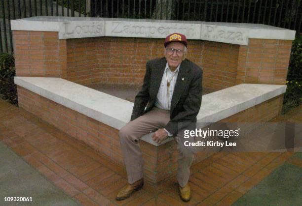 Louis Zamperini during dedication ceremony of plaza in his name at USC track stadium. The 87-year-old Zamperini was the top American finisher in the...