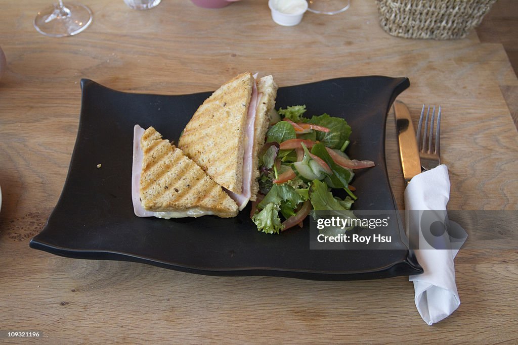 Ham and swiss sandwich with side salad