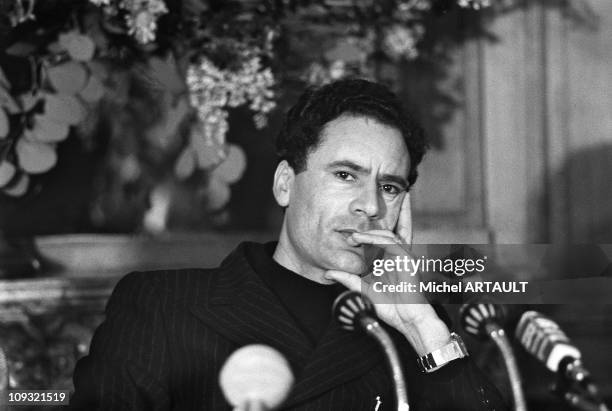 Portrait of Muammar Al Gaddafi At A Press Conference in Paris in 1973.