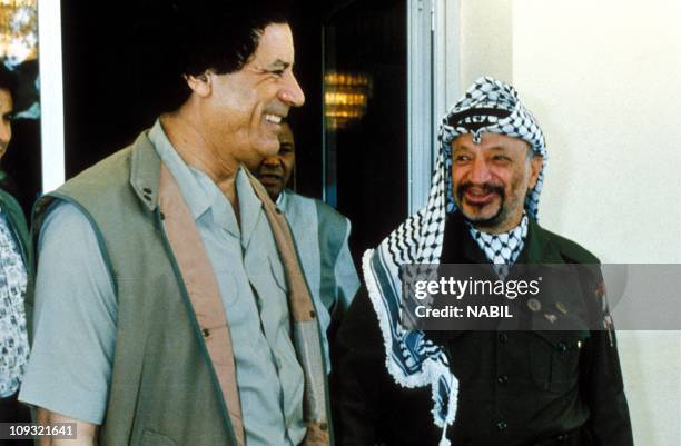 Yasser Arafat and Colonel Gadhafi at Benghazi in 1991.