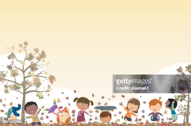 bildbanksillustrationer, clip art samt tecknat material och ikoner med hösten bakgrund och barn - tree log