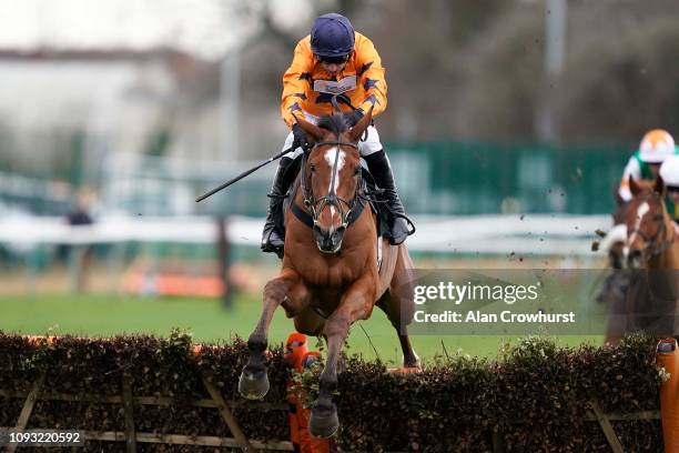 Harry Skelton riding Beakstown clear the last to win The Ballymore Leamington Novices' Hurdle at Warwick Racecourse on January 12, 2019 in Warwick,...
