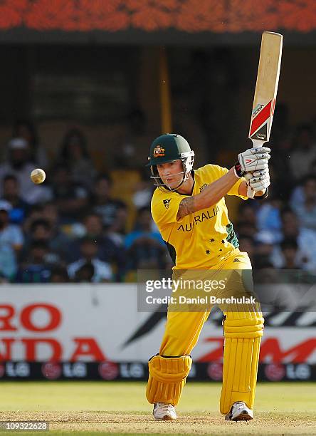 Michael Clarke of Australia bats during the 2011 ICC World Cup Group A match between Australia and Zimbabwe at the Sardar Patel Stadium on February...