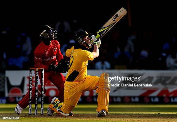 Steven Smith of Australia hits out during 2011 ICC World Cup Group A match between Australia and Zimbabwe at the Sardar Patel Stadium on February 21,...