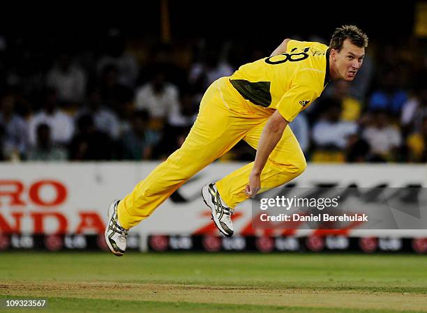 Brett Lee of Australia bowls during the 2011 ICC World Cup Group A match between Australia and Zimbabwe at the Sardar Patel Stadium on February 21,...