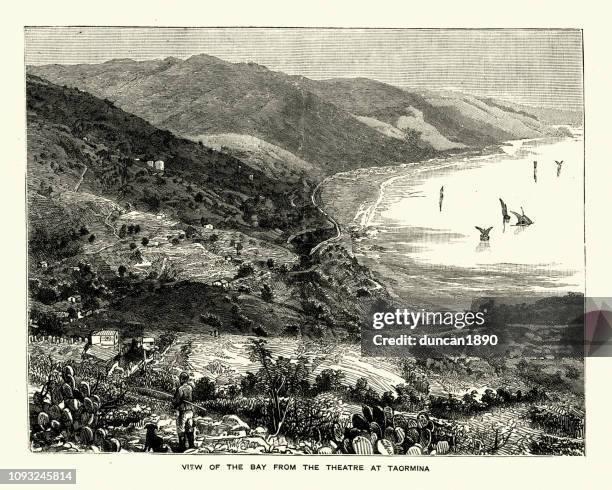 view of the bay from the theatre at taormina - taormina italy stock illustrations