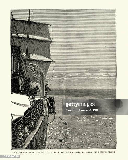ship sailing through pumice stone in the sunda strait - volcano eruption stock illustrations