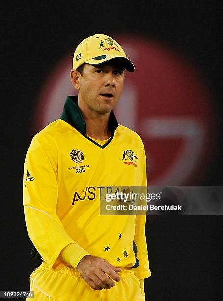 Captain Ricky Ponting of Australia looks on during 2011 ICC World Cup Group A match between Australia and Zimbabwe at the Sardar Patel Stadium on...
