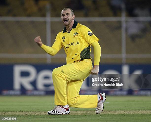 Jason Krejza of Australia celebrates after taking the wicket of Regis Chakabva of Zimbabwe during the 2011 ICC World Cup Group A match between...
