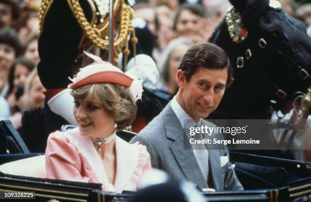 Prince Charles and Diana, Princess of Wales leave Buckingham Palace for their honeymoon after their wedding, London, 29th July 1981.