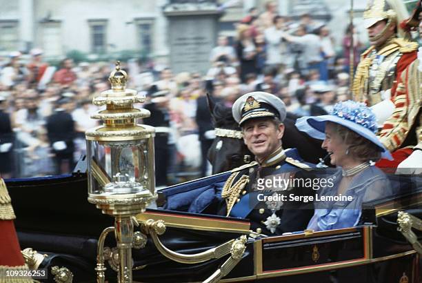 Prince Philip, Duke of Edinburgh, and Frances Shand Kydd, the father of the groom and the mother of the bride, during the wedding of Charles, Prince...