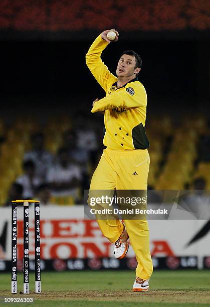 David Hussey of Australia bowls during 2011 ICC World Cup Group A match between Australia and Zimbabwe at the Sardar Patel Stadium on February 21,...