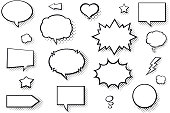 Blank comic books speech bubbles. Black and white speech balloons with halftone pattern shadows