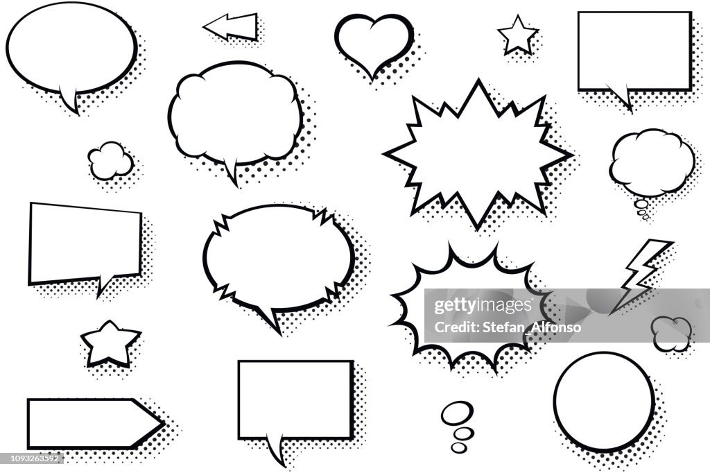 Blank comic books speech bubbles. Black and white speech balloons with halftone pattern shadows