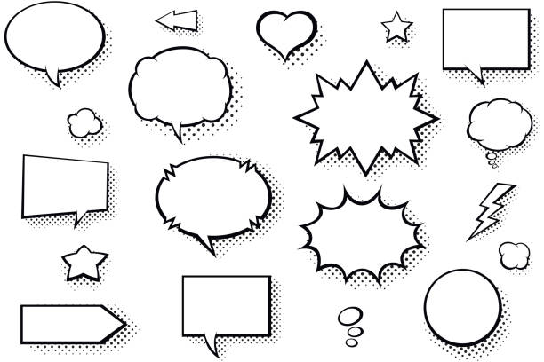 blank comic books speech bubbles. black and white speech balloons with halftone pattern shadows - cartoons and comics stock illustrations