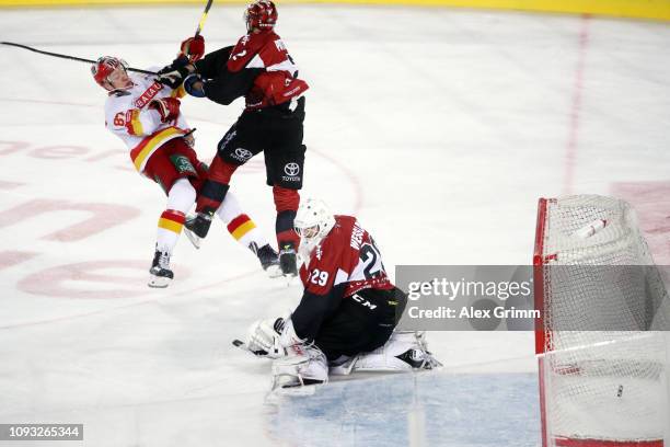 Philip Gogulla of Duesseldorf scores his team's second goal during the DEL Winter Game between Koelner Haie and Duesseldorfer EG at...
