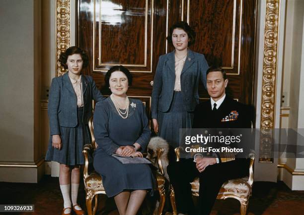The royal family at Buckingham Palace, May 1942. From left to right, Princess Elizabeth, Queen Elizabeth (later the Queen Mother, Princess Margaret...