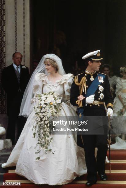 The wedding of Prince Charles and Lady Diana Spencer at St Paul's Cathedral in London, 29th July 1981. The couple leave the cathedral after the...