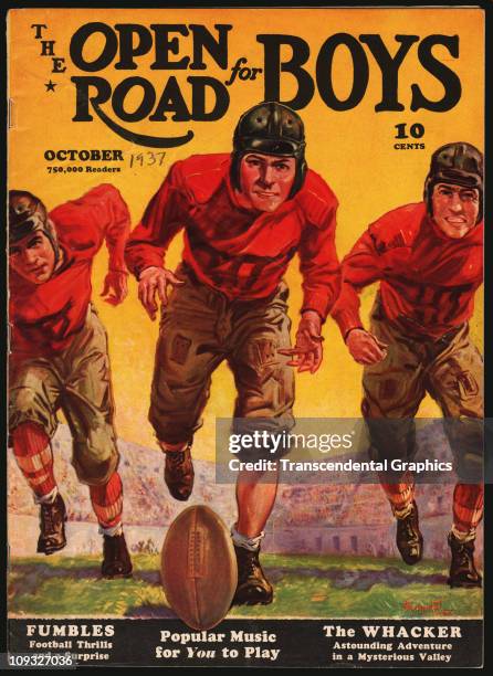 Dramatic football scene is on the cover of Open Road for Boys magazine from New York, the October, 1937 issue.
