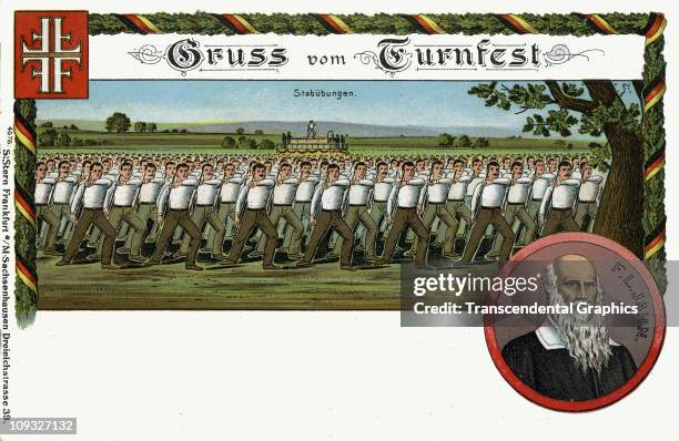 Circa 1910, Advertising postcard for the Turn Verein organization and their Turnfest, which involves group choreography, from around 1910.