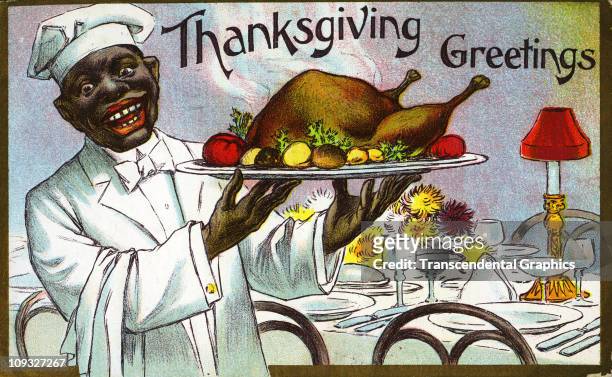 Circa 1910, A printed cartoon postcard for Thanksgiving features a characature/racist image of a black waiter.