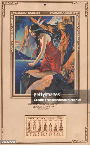 Colorful scene with an Indian maiden with a bow and arrow is the central image on a 1927 calendar issued by the Granlund Hardware company of...