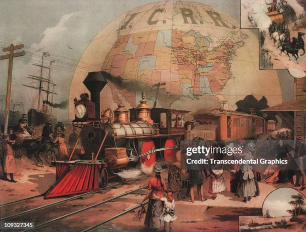 Circa 1880, Published in New York around 1880, this lithographic promotion for the Inter Continental Railroad is elaborately designed, showing a...