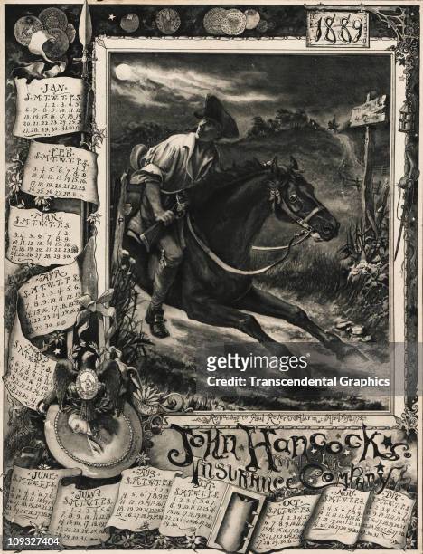 Published in New York, this lithographic calendar promotes John Hancock Life Insurance with a lively illustration of Paul Revere on his ride,...